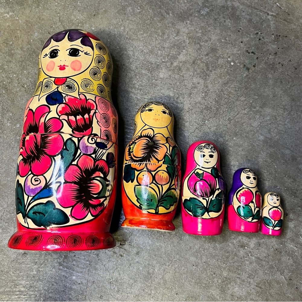 Vintage 90s Russian Vibrant Floral Nesting Dolls 5 Piece Set Handmade Matryoshka